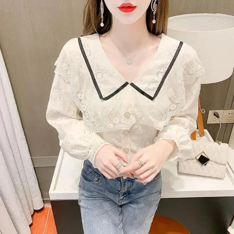 Vintage Long Sleeve Lace Blouses Shirts Women 2024 Autumn Winter Elegant White Blusas Casual Korean Clothes Ladies Tops Mujer