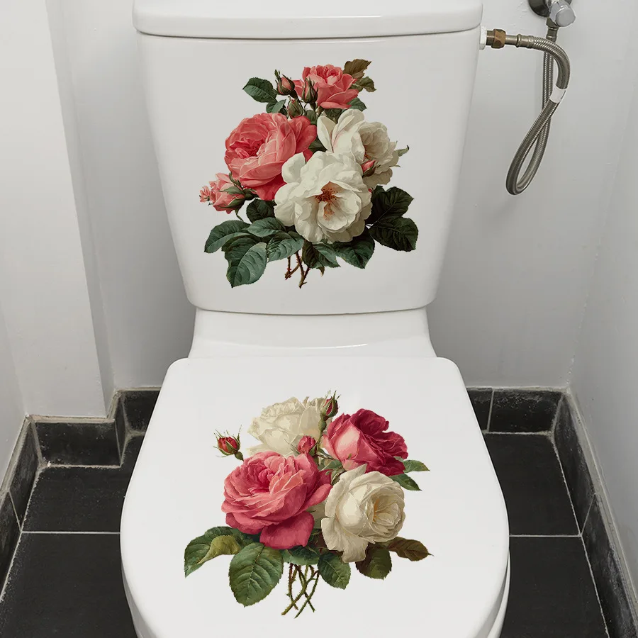 Vintage Oil Painting Rose Toilet Sticker Waterproof Self Adhesive Glue Free Romantic Bathroom Decor