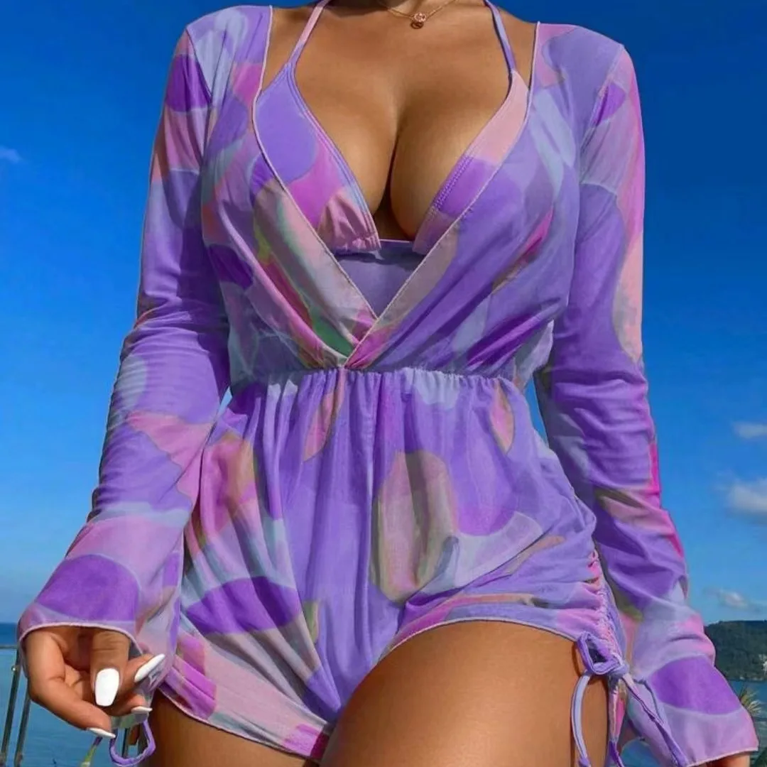 

2025 new swimsuit one-piece long-sleeved mesh blouse bikini three-piece swimsuit women's bikini