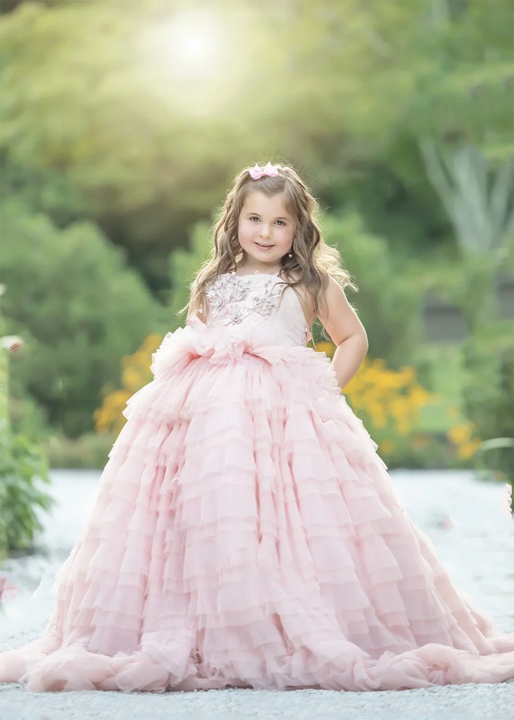 

Light Pink Tulle Pearls Applique Puffy Sleeveless Flower Girl Dress For Wedding Children Eucharist Celebration Party Dress