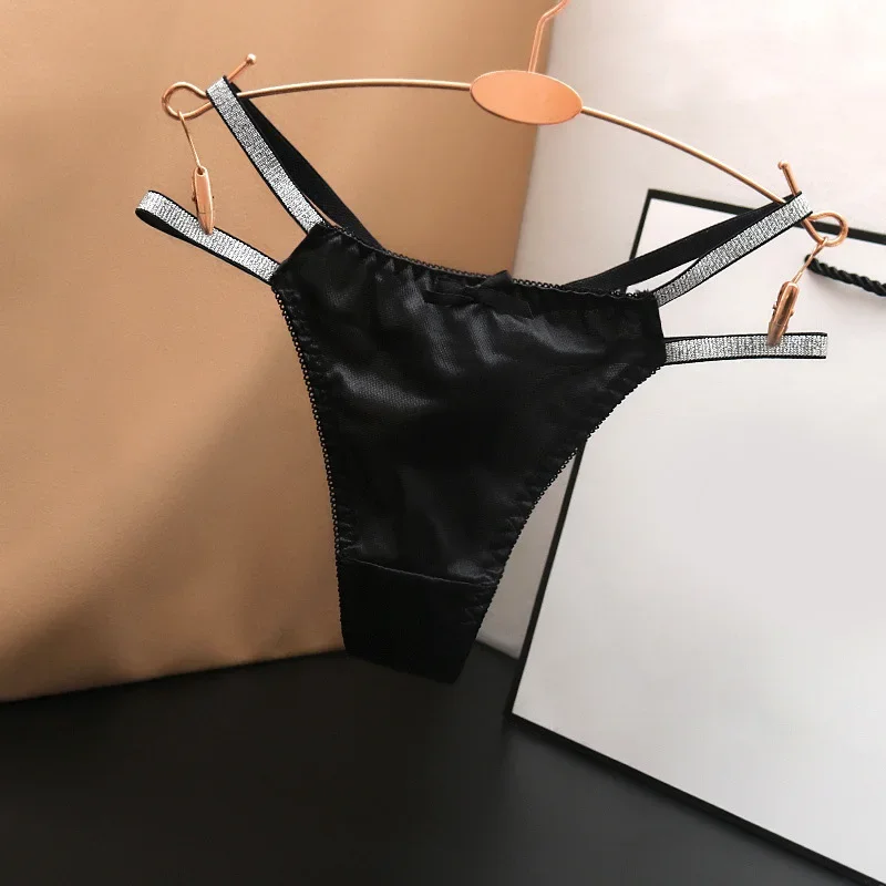 

1pc Women Sexy Silky Panties Thin Thong Ice Silk Underwear Shiny Belt Double Strap Lace Low-rise Lingerie