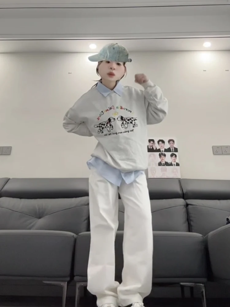 레트로 아메리칸 카툰 스팟 도그 라운드 넥 스웨트셔츠 여성용 봄 가을 루즈 오버사이즈 롱 슬리브 탑 시크 홍콩 스타일