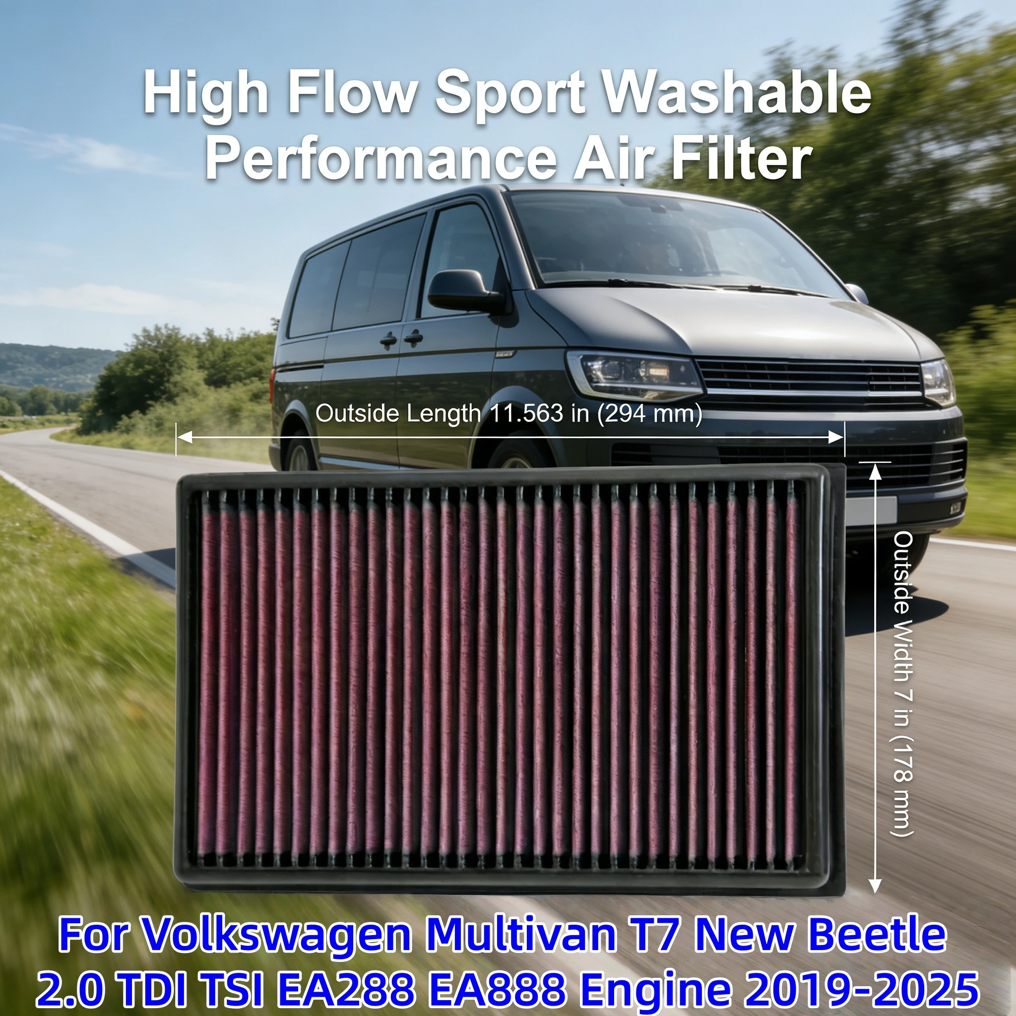 

High Flow Sport Washable Performance Air Filter For Volkswagen Multivan T7 New Beetle 2.0 TDI TSI EA288 EA888 Engine 2019-2025