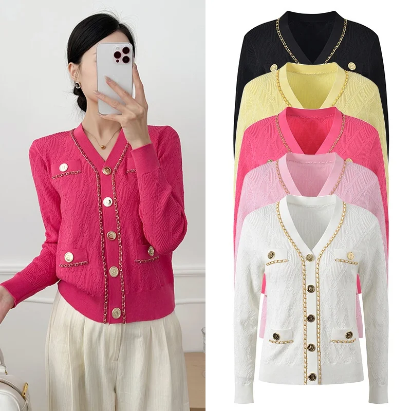 

Ele Knitted Long Sve V-Ne Slim Fit Pink Cardigan with Chain Gold Bule High-End European Sle Sweet Sle Regular ...
