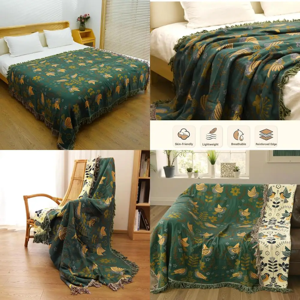 

Boho Style Twin Size Cotton Throw Blanket, Reversible Lightweight Cover for Sofa and Couch, Soft Botanical Pattern