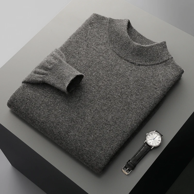 Autumn and Winter Men's Cashmere Sweater Stand Up Collar Long Sleeved Pullover Soft and Warm 100% Merino Wool Knitted Top
