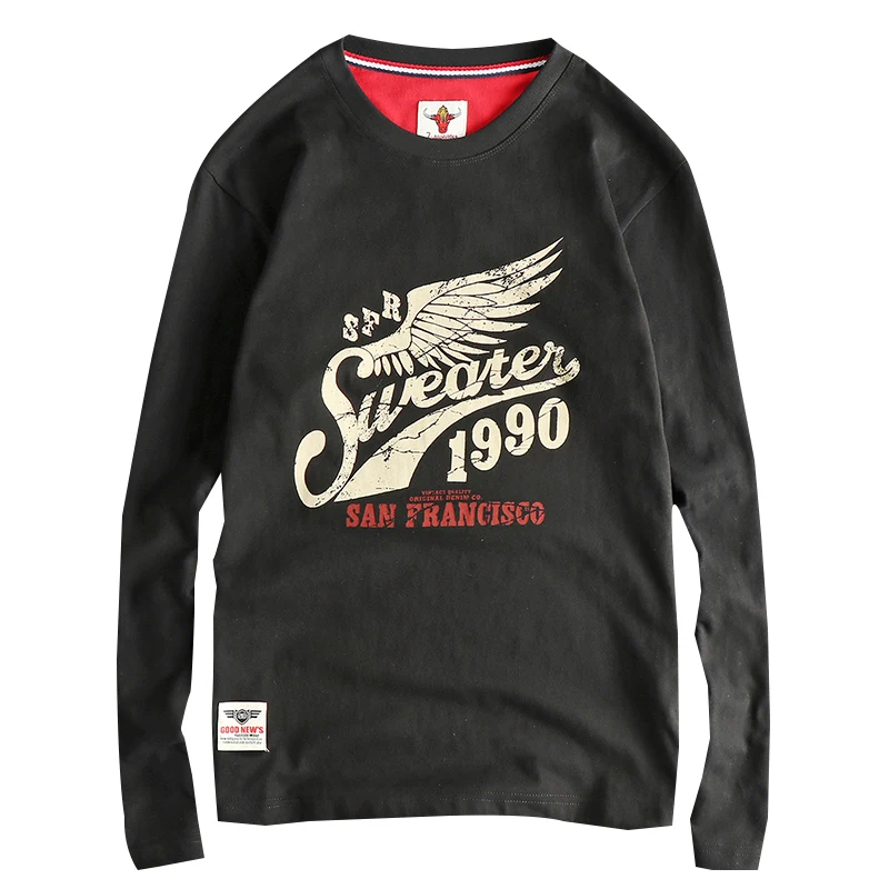 

2026 весенняя новая американская ретро футболка с длинными рукавами и круглым вырезом с буквенным принтом, мужская мода, повседневные спортивные топы из 100% хлопка