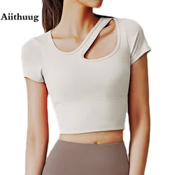 Aiithug Yoga Crop Top eingebaute Tasse Yoga Kurzarm Workout Tops sexy Schlüsselbein Jogging BH Top Gym Ernten elastische Fitness