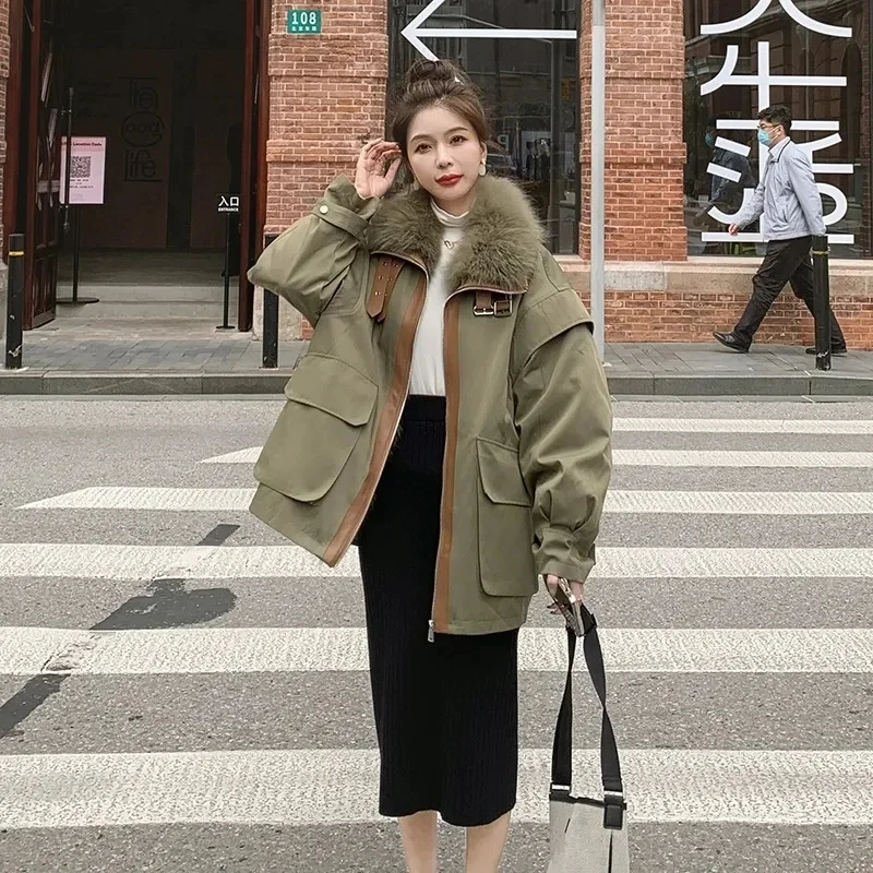 Mantel bulu kelinci hoodie longgar, mantel bulu wanita, mantel mewah tebal, longgar, versi Korea, mantel bulu panjang setengah, rambut kelinci imitasi, bertudung, baru, musim dingin, 2023