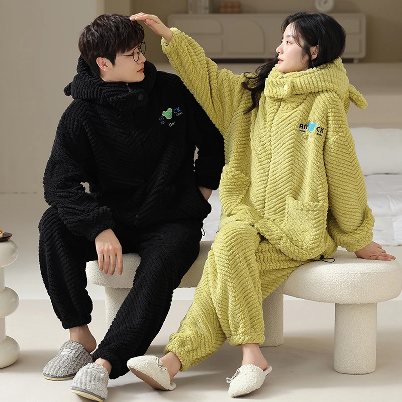 Winter Warm Thick Plush Couple Cute Hooded Cardigan Zipper Home Clothing Loose and Comfortable Men's and Women's Pajamas