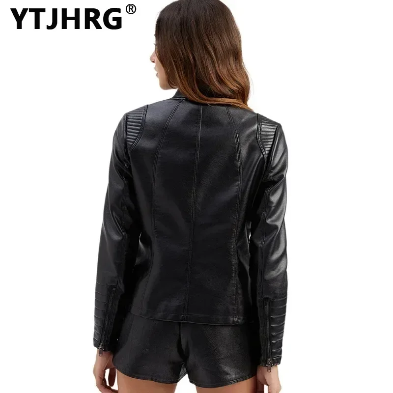 YTJHRG-abrigos de cuero sintético para mujer, chaquetas de motociclista a la moda, Tops con bolsillo, otoño e invierno, novedad de 2024