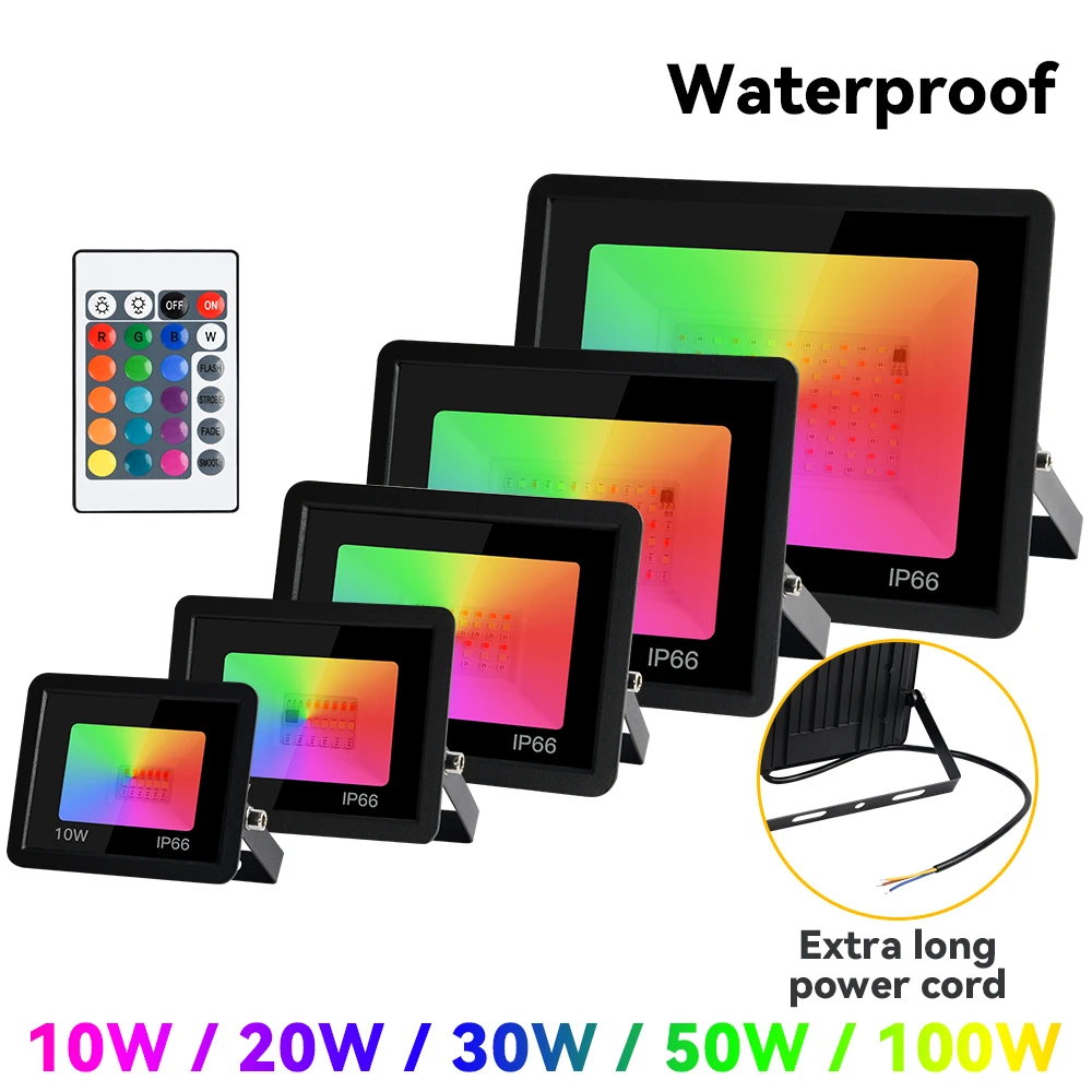 RGB Flood Light Waterproof IP66 Outdoor Remote Control Floodlight 220W/150W/100W/50W Spotlight AC 220V Dimmable Garden Lighting