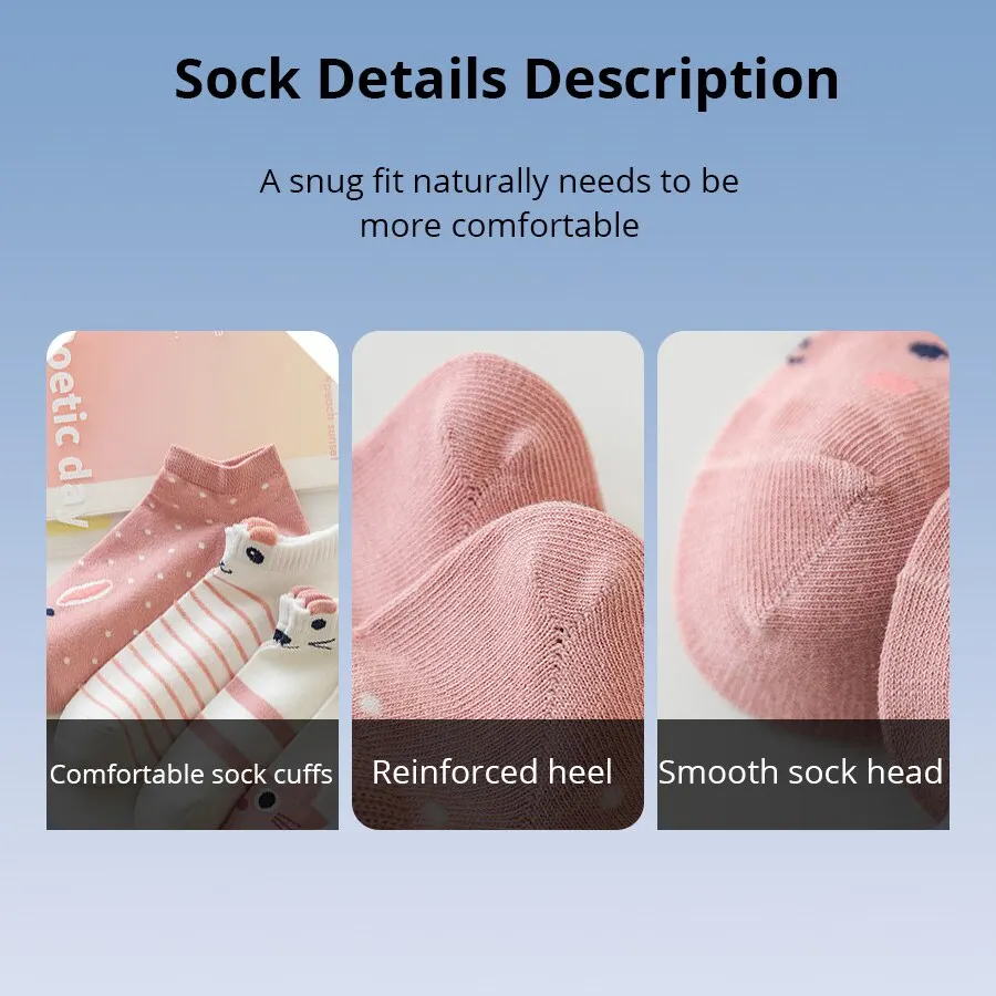 5 Pairs Women\'s Short Tube Socks Pink Cat Thin Four Seasons Cute Boat Sockslow Top Ins Trendy Socks