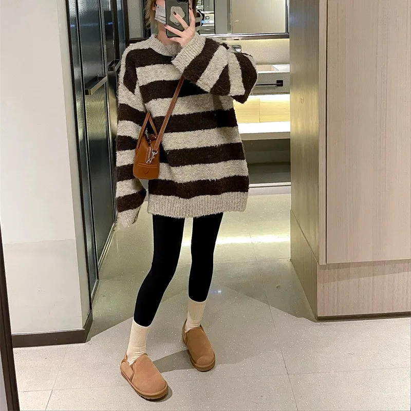 Autumn Winter New Striped Loop Yarn Knitted Women's Clothing Round Neck Medium And Long Women's Sweater With Loose Temperament