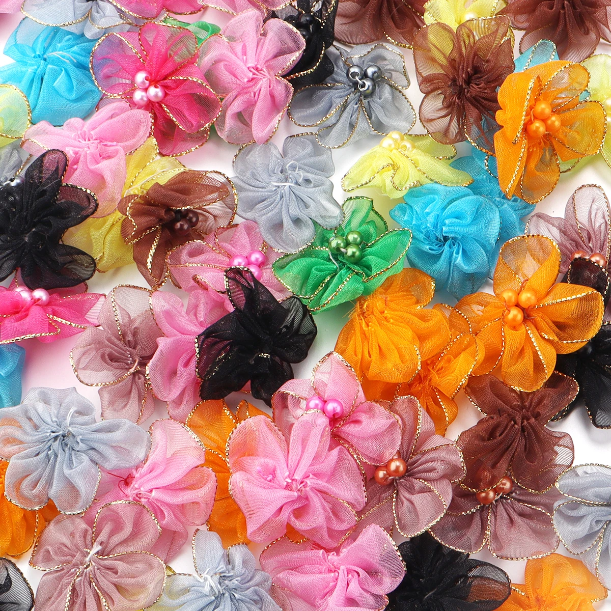 20pcs/pack Snow Gauze Fabric Flower Gold Edge Handmade Plum Blossoms for DIY Clothing Decoration Sewing Applique Accessories