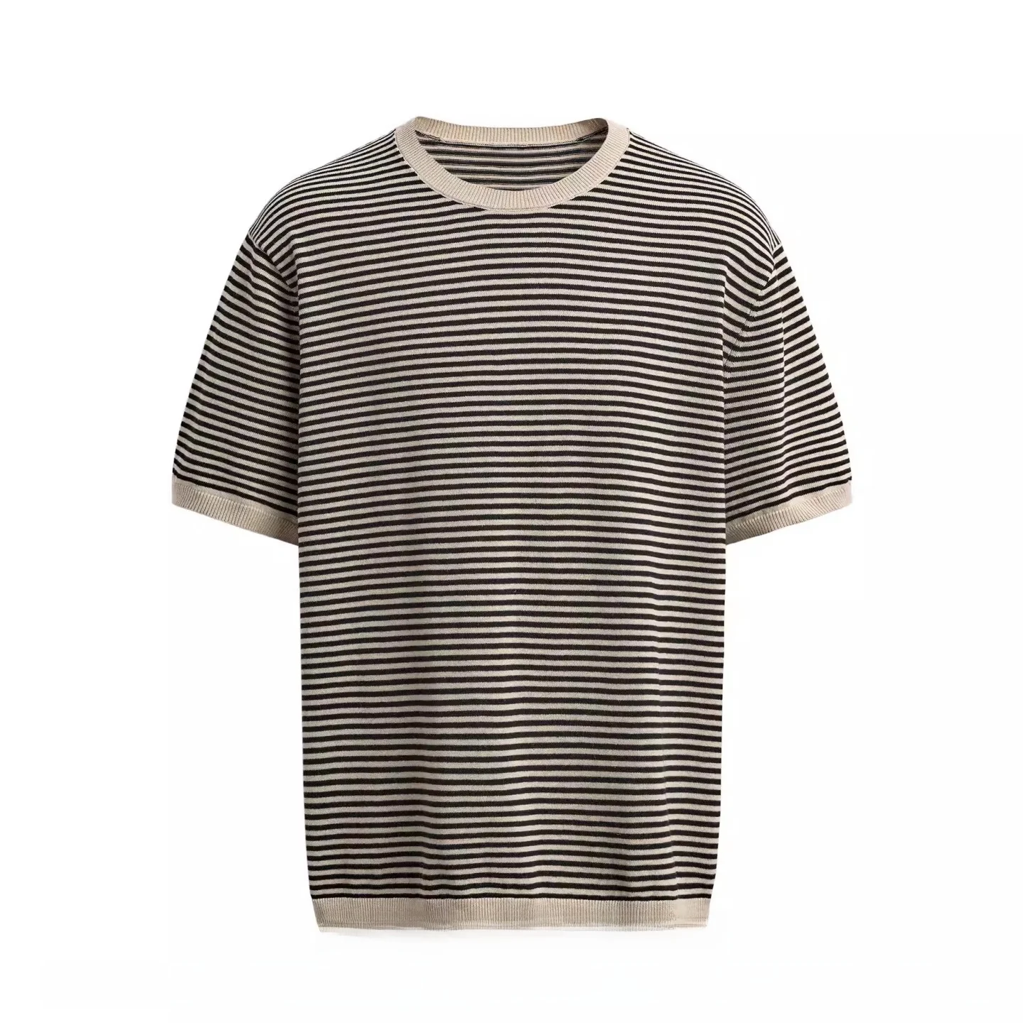New Spring Summer Men's Casual Cotton Linen Blend Slim Fit Straight Stripe Knitted T-Shirt Breathable Short Sleeve round Neck