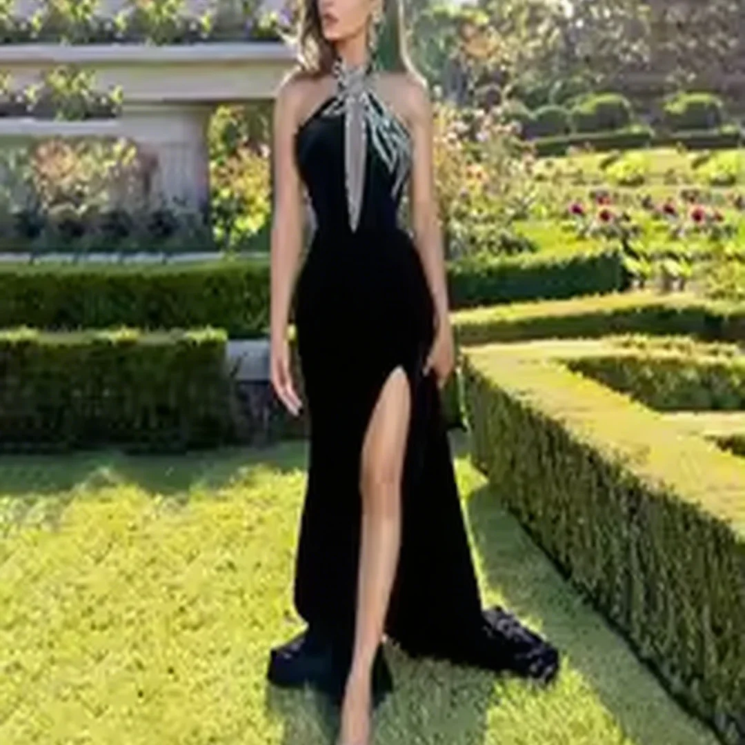 

Sexy Mermaid Evening Dress Customized Halter Sleeveless Beading Sequined Split Backless Pageant Party Gown Prom Dresses