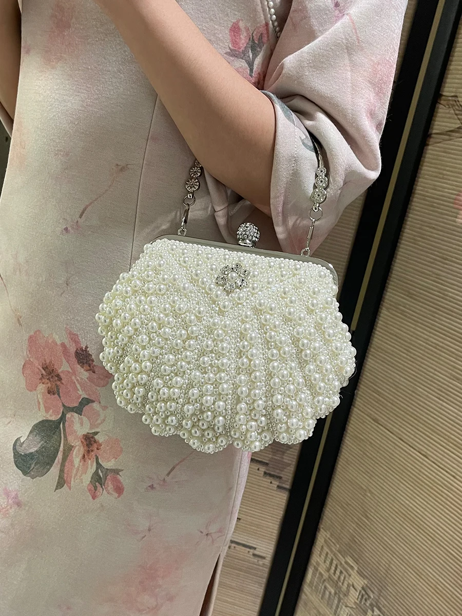 Faux Pearl & Diamond Event Clutch Bag, Buckle Metal Chain Handbag, Floral Handle Party Bag