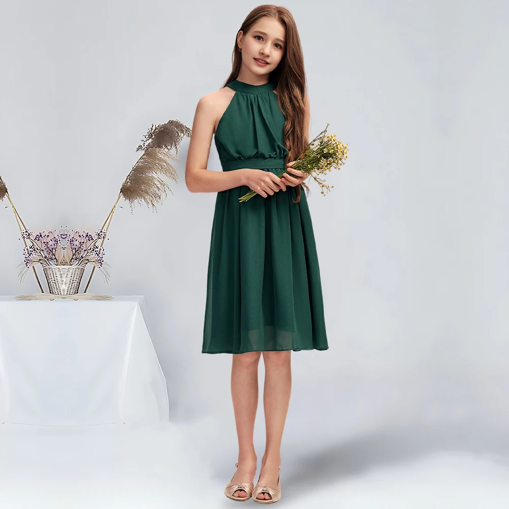 A-line Halter Knee-Length Chiffon Junior Bridesmaid Dress With Pleated Dark Green Flower Girl Dress for Wedding Communion Dress