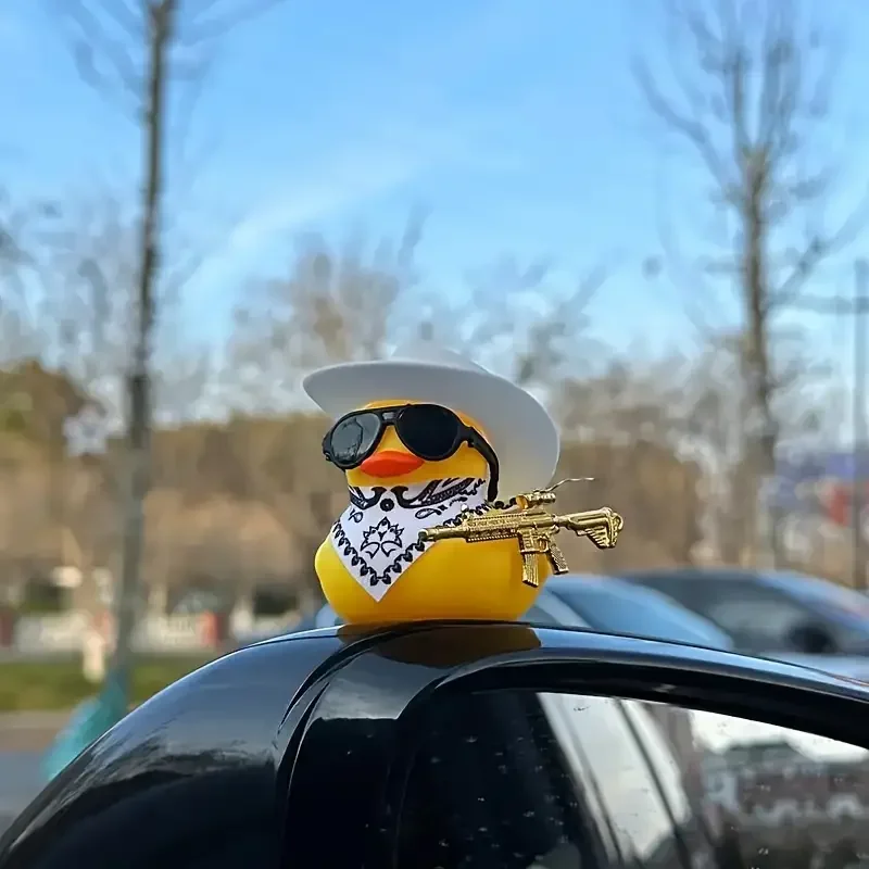 A Rubber Duck Car Ornament with a Cowboy Hat, Glasses, Gold Ak-47 Necklace,Interior Decoration of The Vehicle,Car Ornament Set