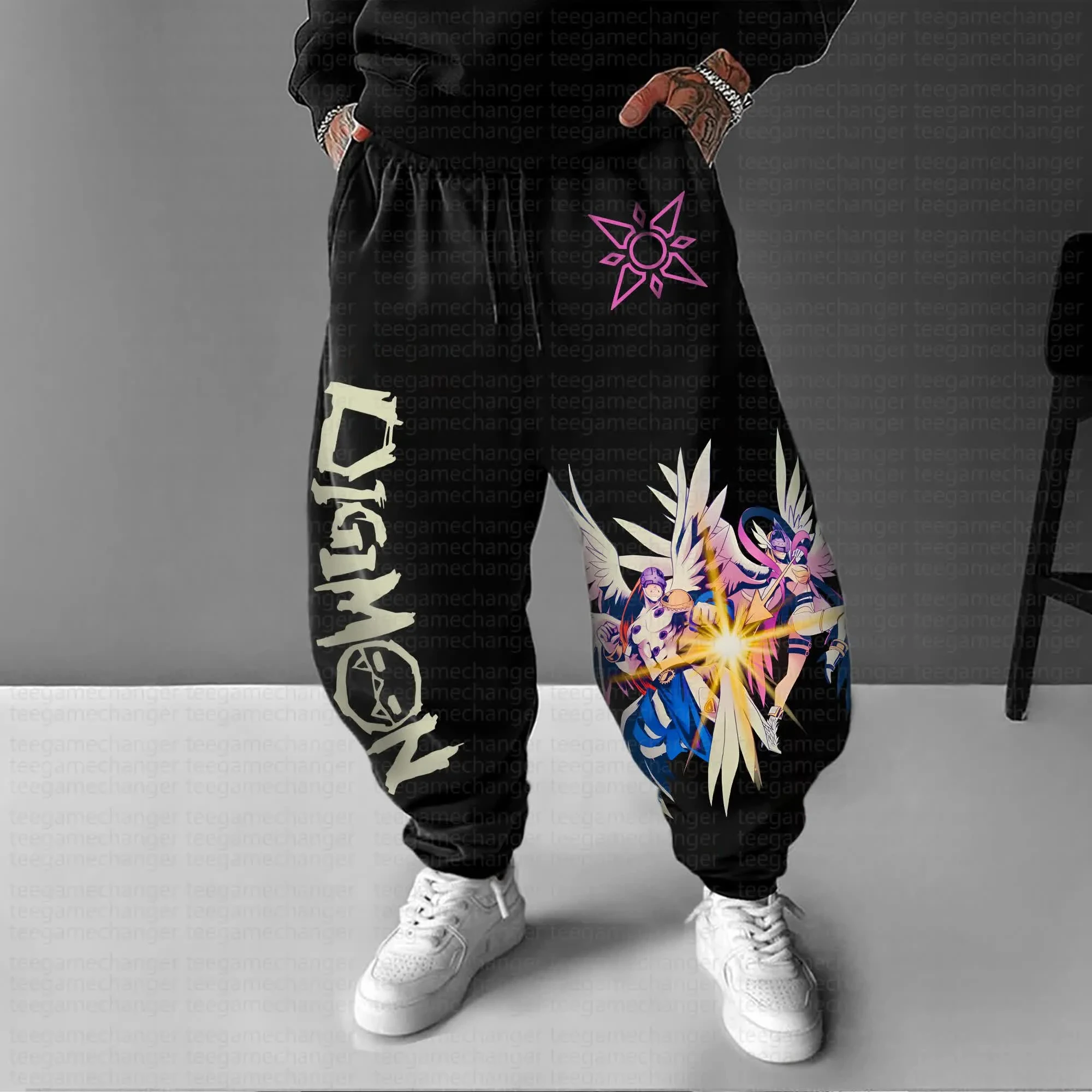 

Mens Black Tapered Harem Joggers with Digimon Anime Characters Angemon Gatomon Colorful Print Loose Fit Cuffed Sweatpants