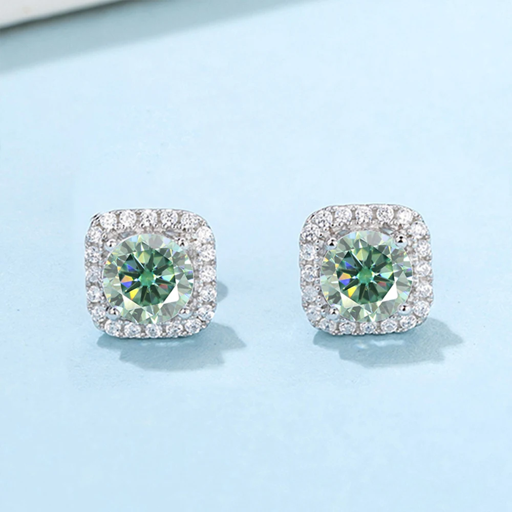 Houtros 1CT Green White Moissanite Stud Earrings for Women S925 Silver Square Wedding Diamond Earring Luxury Jewelry Certified