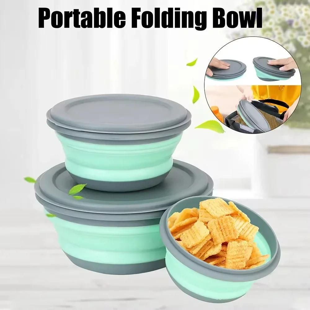 Portable Silicone Folding Bowls with Lid Foldable Lunch Box Salad Bowl SetsMicrowave Freezer Safe Food Storage Container