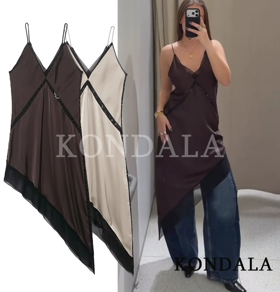 KONDALA サテン非対称サスペンダーミディド​​レス V ネックスプライシングセクシーなパーティードレス女性ドレス 2026 春夏ホリデードレス