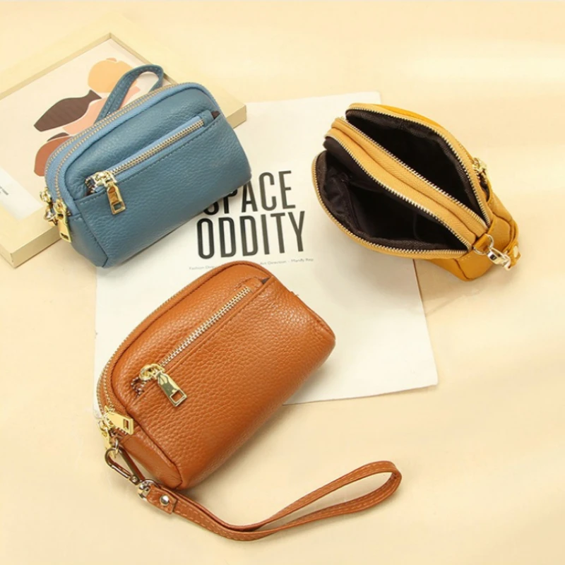 

Женский кошелек из натуральной кожи с несколькими отделениями, мини-кошелек на молнии с тремя отделениями и ремешком на запястье, кошелек для карт и монет