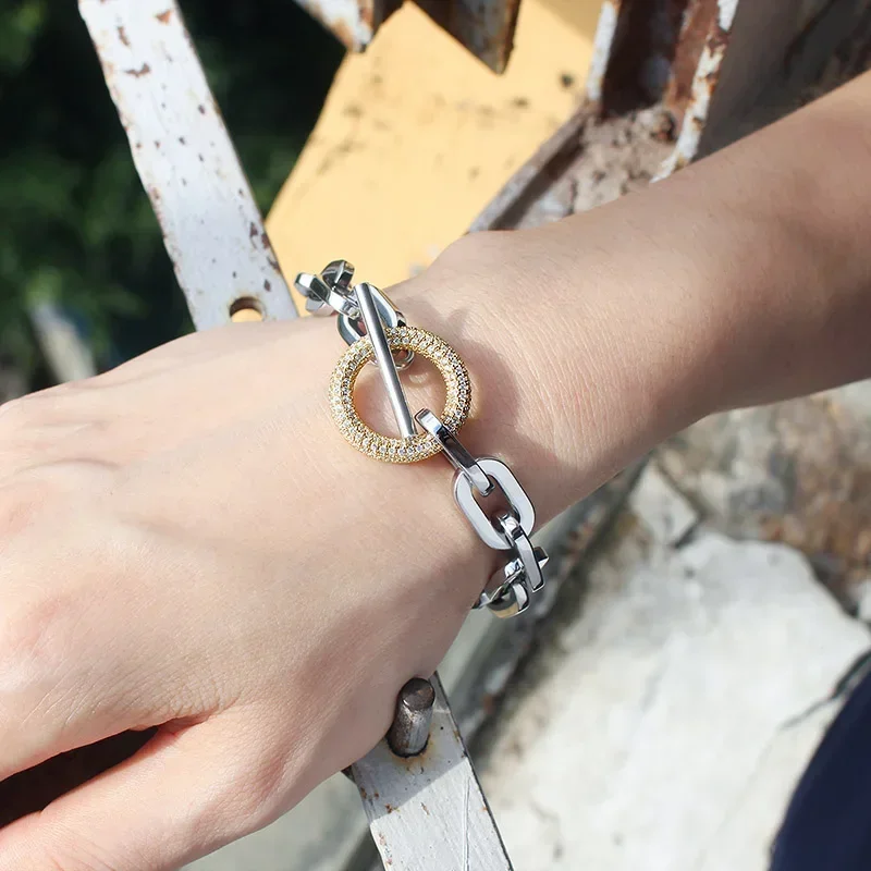 316L Stainless Steel Paperclip Links Bracelets With Cubic Zirconia T Toggle Clasp Waterproof Wristband Punk Hip Hop Jewelry