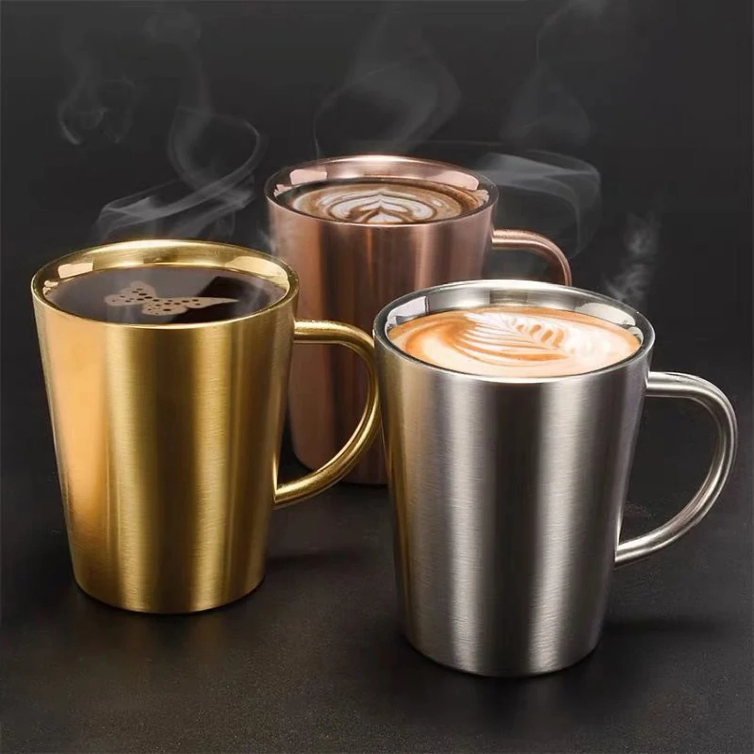 Stylish 300ml Double-Layer Stainless Steel Beer Cup with Handle for Dining, Drinking, and Coffee - Gold and Silver Drinkware Mug