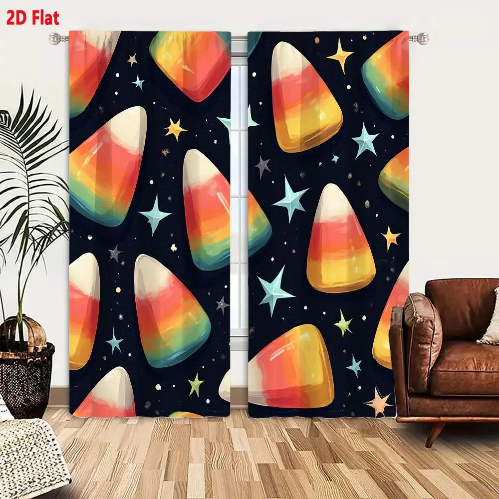 2Pcs Curtains 2D Flat Rainbow Candy Corn On Cosmic Background With Stars Window Drapes for Bedroom Room Decor Decoration Window