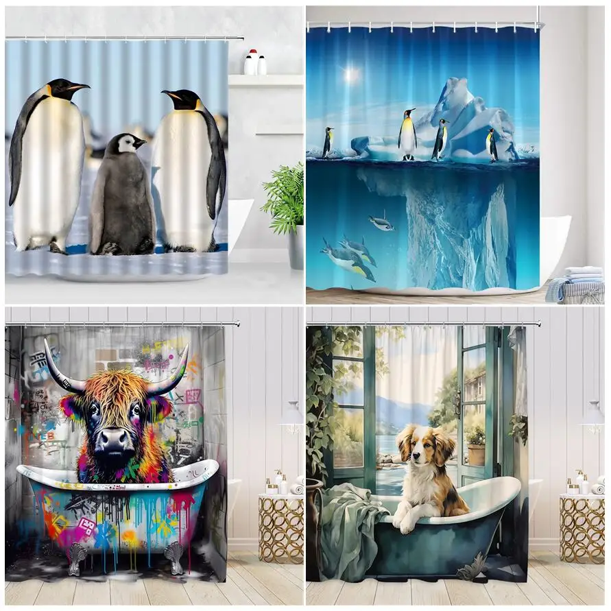 Wild Animal Shower Curtain Dog Glacier Penguin Highland Cattle Cedar Winter Forest Landscape Bath Curtains Fabric Bathroom Decor