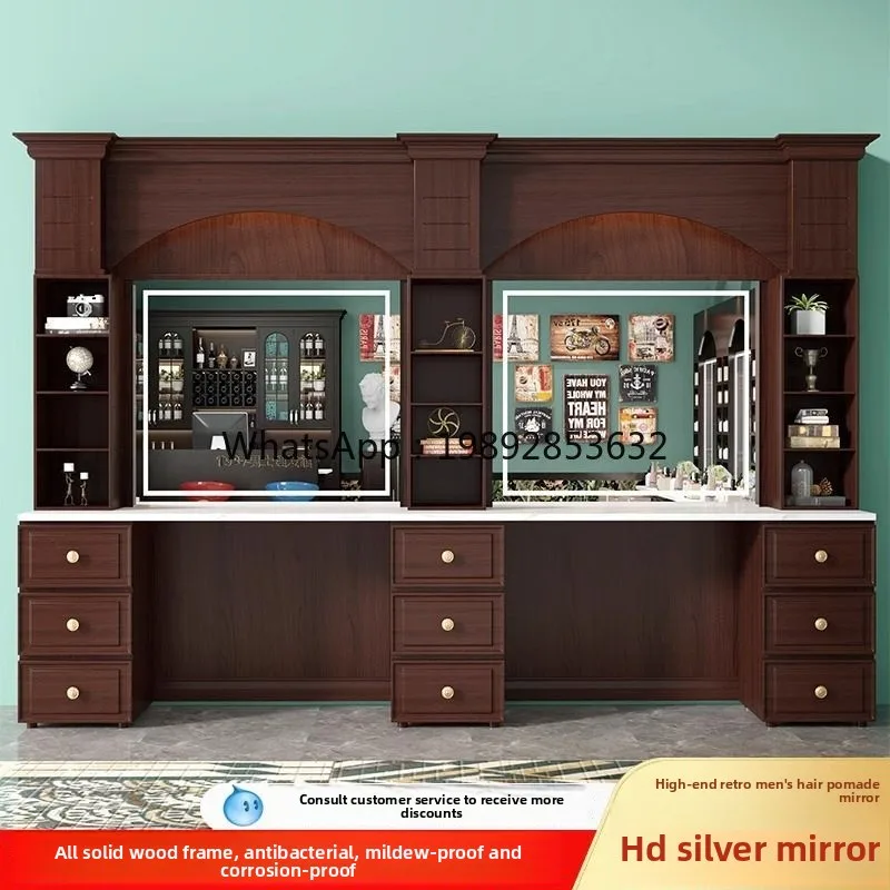 

High-end solid wood marble retro hairdressing barber shop mirror haircut mirror barber salon hair salon special