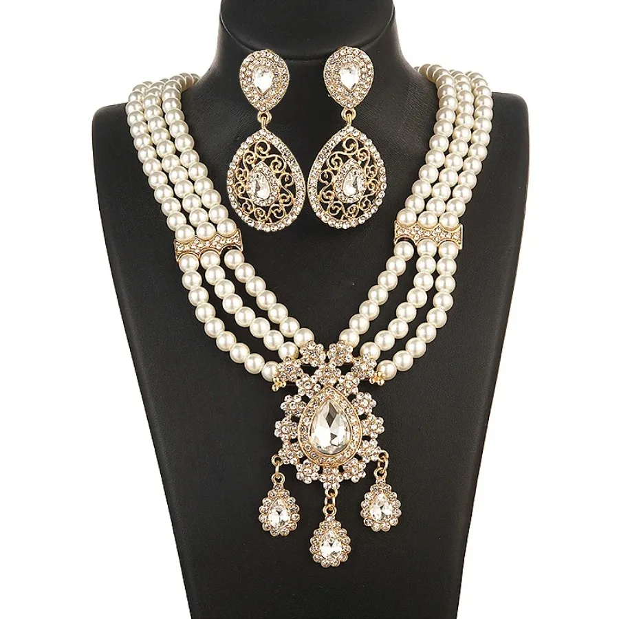 Algerian Wedding Jewelry Set for Women Pearl Necklace Choker Crystal Pendant Earrings Luxury Dubai Jewelry Elegant Sets Fashion