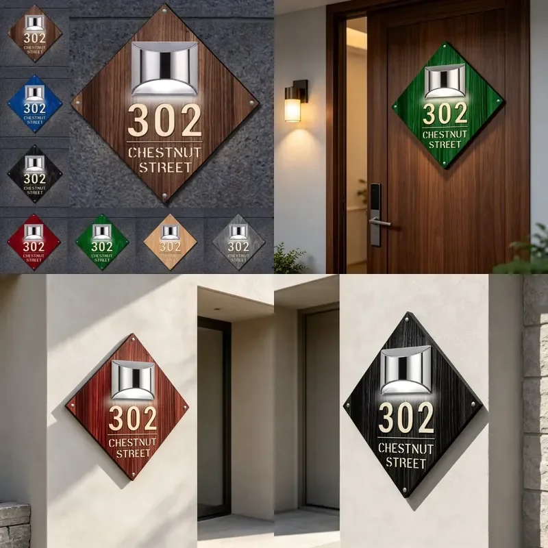 Custom Solar Light Wooden House Sign - Personalized Address Door Number Plaque, Modern Outdoor Street Name Plate for Home Office