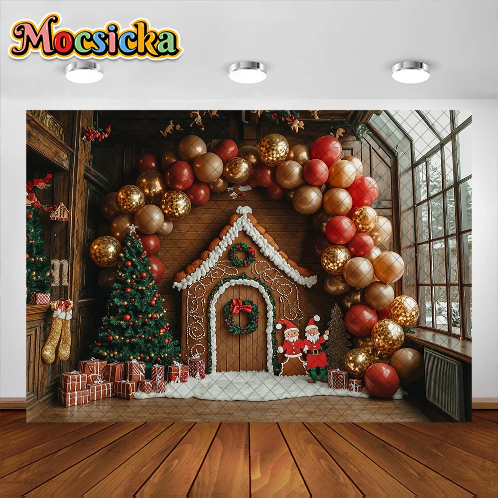 Fondo de fotografía de hombre de jengibre de dibujos animados arco de Navidad decoración de la casa de globos niños fiesta de vacaciones telón de fondo accesorios de estudio