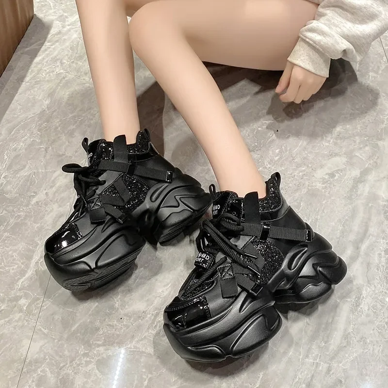 8CM Autumn Winter Chunky Sneakers Women Lace Up Platform Sports Shoes Thick Bottom Warm Snow Shoes Female Heels Bling Sneakers