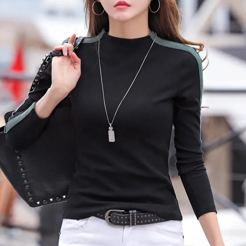 2024 Autumn/Winter Korean New Slim Splicing Bottoming Shirt Women\'s Elastic Long sleeved T-shirt Casual Tops Female Clothes