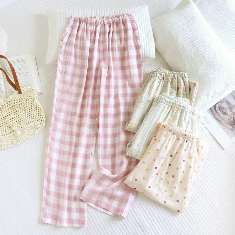 

Women's Pure Cotton Gauze Pajama Pants Spring and Summer Printing Casual Loose Breathable Trousers Elastic Waist Sleep Bottoms