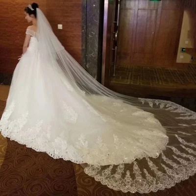 Velo de novia de 3,5 metros de largo, elegante velo de novia de encaje con apliques de borde de encaje, accesorios de boda hechos a medida