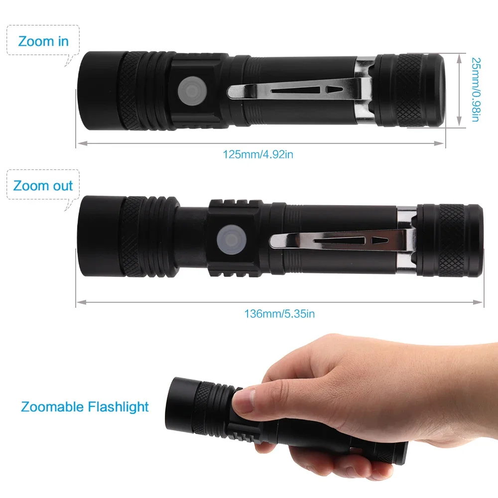 BORUiT C6 1000LM LED Zoomable Flashlight Mirco USB Rechargeable Torch Waterproof Camping Fishing Emergency Lantern