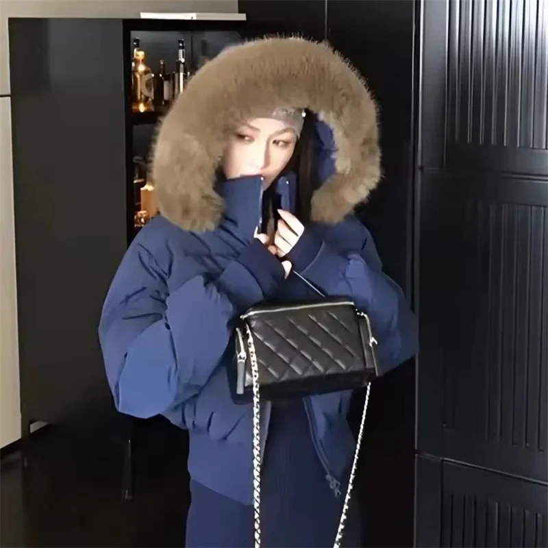 Simple Solid Short Parka Coat Fashion Winter Clothes Zipper Hooded Fur Collar Cotton Padded Coat Women Jacket Street