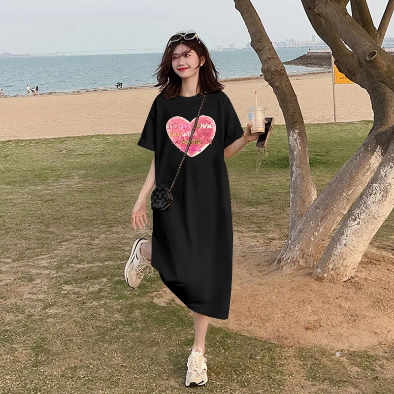하트 프린트 한국 인스 스윗 스타일 여름 플러스 루즈 반팔 원피스