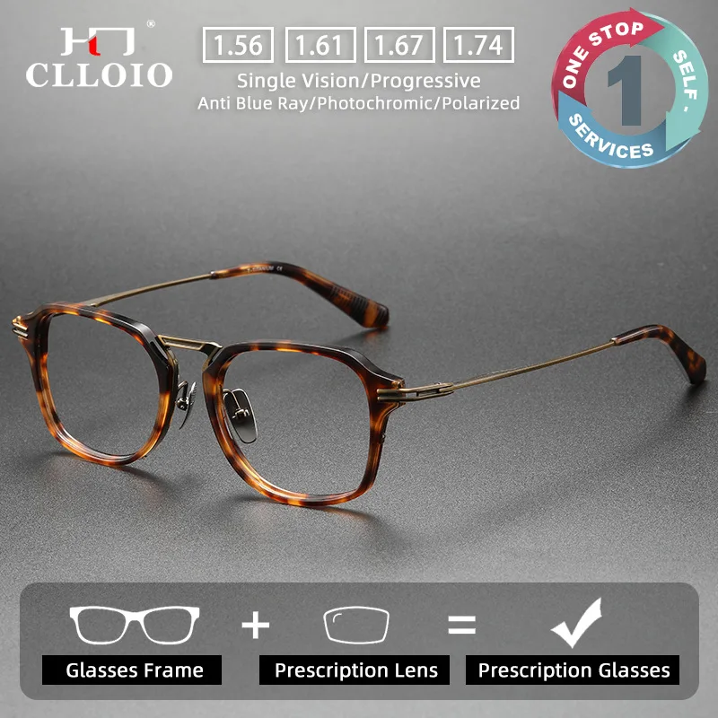 CLLOIO Vintage Trendy Durable Prescription Glasses Blue Light Blocking Acetate Frame Titanium Temple Progressive Myopia Eyewear