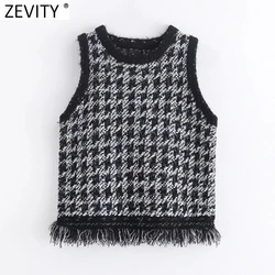 Zevity Women Vintage O Neck Sleeveless Tweed Woolen Vest Sweater Lady Chic Houndstooth Hem Tassel Waistcoat Pullovers Tops S507