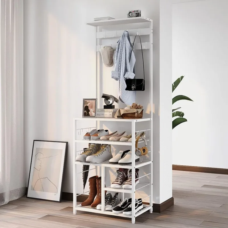 Modern White Large 5-Tier Hall Tree Entryway Wooden Shoes Rack Shelf Coat Rack with Movable 9 Metal Hooks Storage Organizer