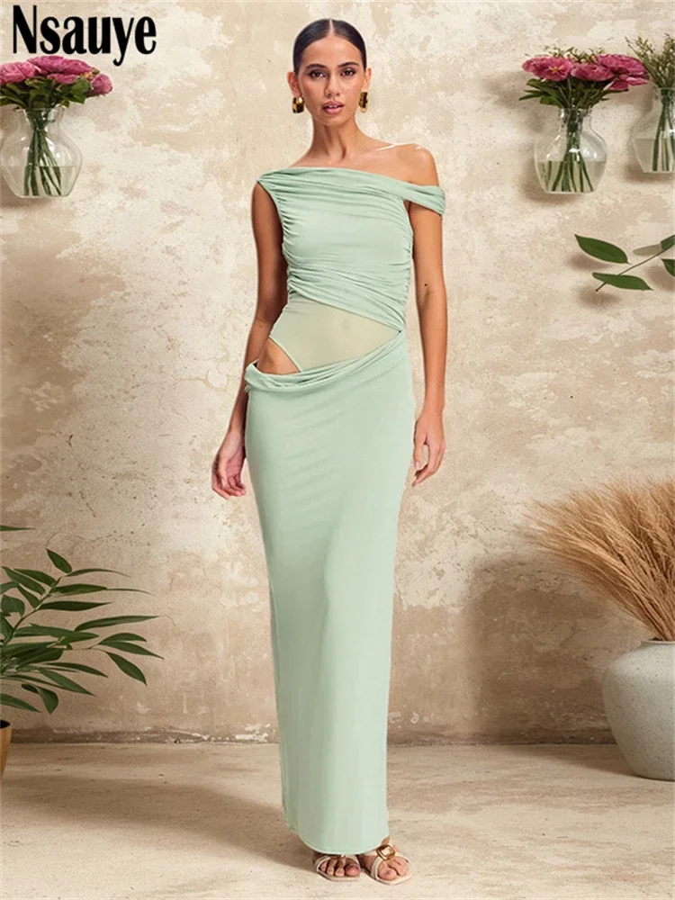 Verão roupas femininas moda elegante clube longo malha fora do ombro maxi bodycon oco para fora vestido sexy vestido de festa à noite