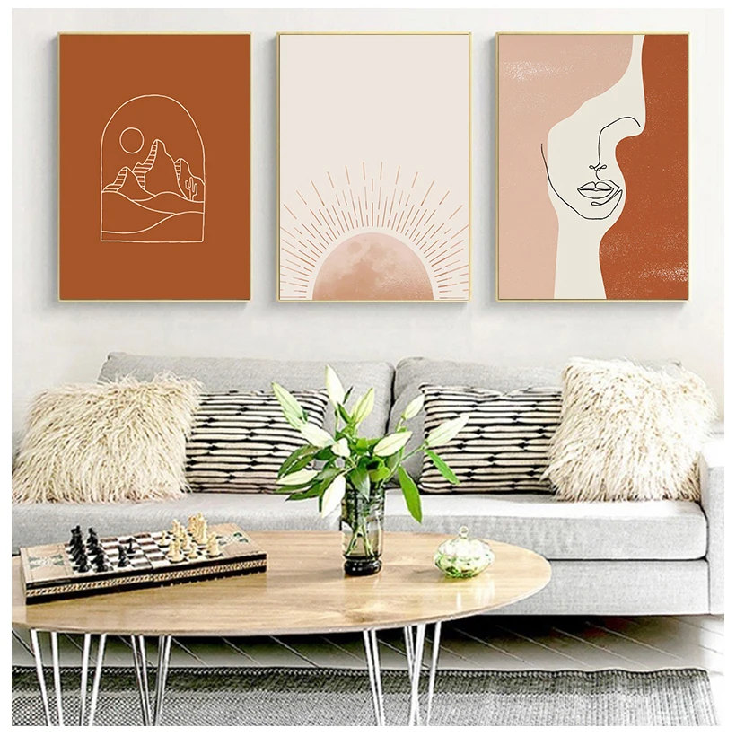 Boho Abstract Landscape Nordic Posters and Prints Beige Gallery Wall Art Canvas Painting Sun Woman Face Line Art Pictures Decor