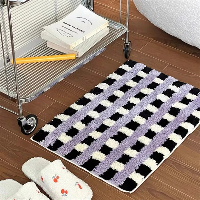 

Korean Style Checkerboard Flocking Bedside Carpet Bedroom Living Room Decorative Floor Mat Bathroom Absorbent Non-Slip Foot Mat